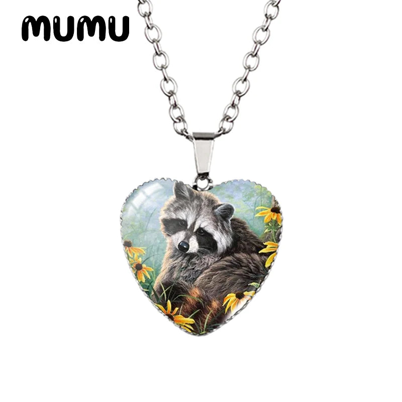 2023 New Raccoon Heart Necklace Cute Animal Painting Glass Printed Photo Pendant Handmade Jewelry Gifts Children