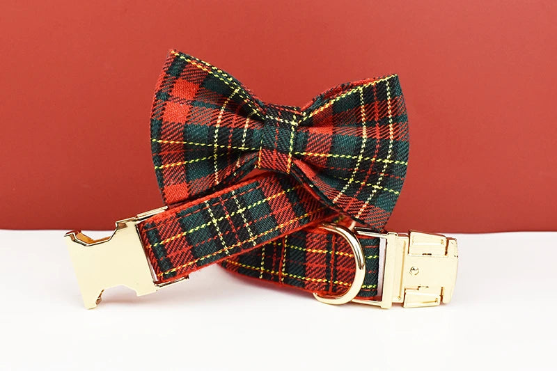 Christmas Dog Collar Customized Designer Logo Red  lattice  on  Soft Cotton Dog Collar Leashes Pet Harness Luxury Dog Leash Set