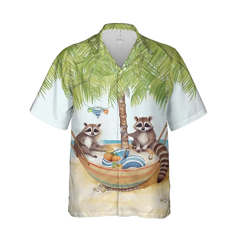 Funny Animal Raccoon 3D Print Beach Shirts For Men Procyon Lotor Lover Short Sleeve Bear Lapel Blouse Hawaiian Boy Button Tops