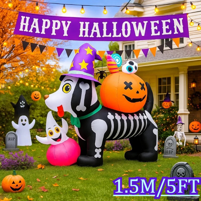 5FT Halloween Inflatable Toys Skeleton Dog with Pumpkin Decorations LED Light Up Blow Up Lawn Blow Up Model Outside Garden Decor