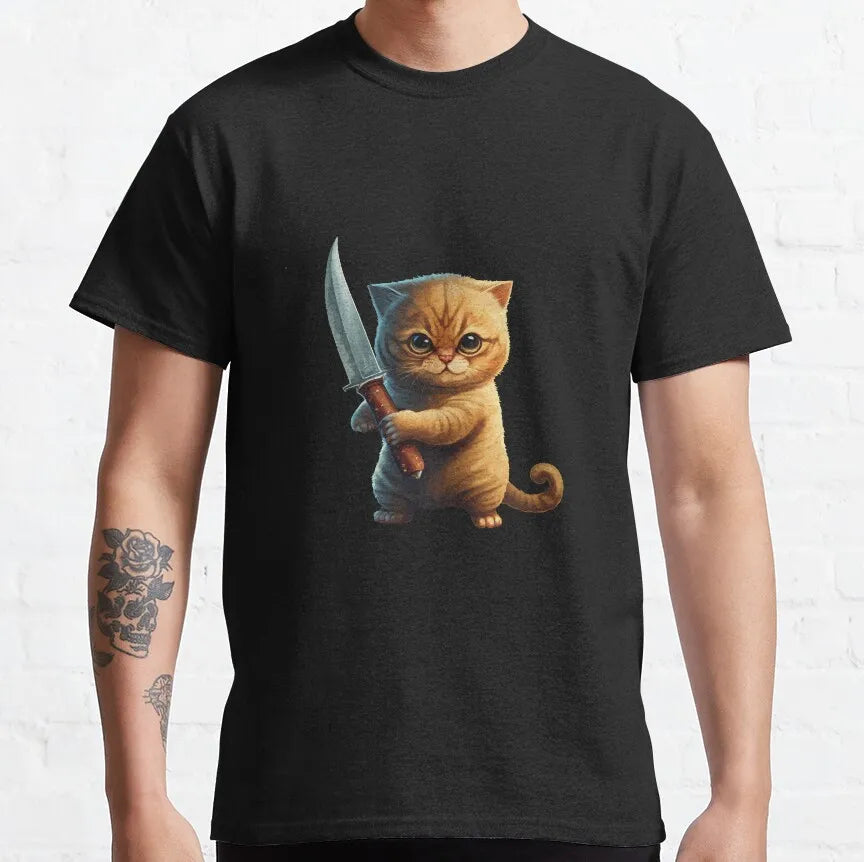 Cat What Murderous Black Cat With Knife T-Shirts for Men Kitten Lovers Cotton Big Tall Tees Short Sleeve T Shirt Big Size 6XL