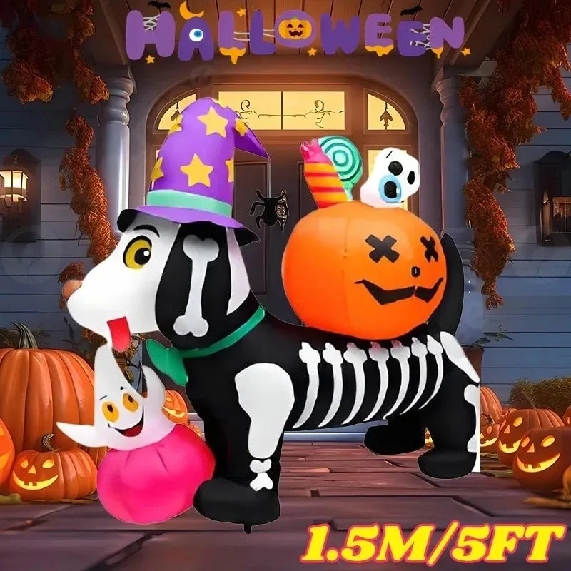 5FT Halloween Inflatable Toys Skeleton Dog with Pumpkin Decorations LED Light Up Blow Up Lawn Blow Up Model Outside Garden Decor