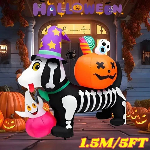 5FT Halloween Inflatable Toys Skeleton Dog with Pumpkin Decorations LED Light Up Blow Up Lawn Blow Up Model Outside Garden Decor