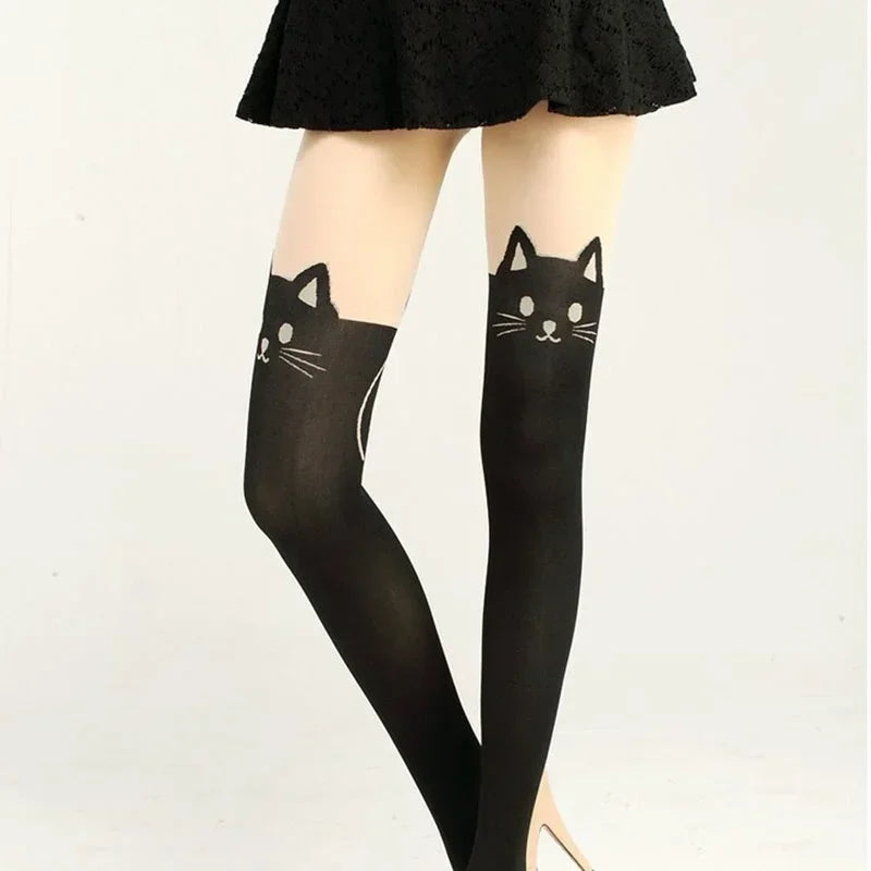 Black Cat Printed Silk Knee Socks