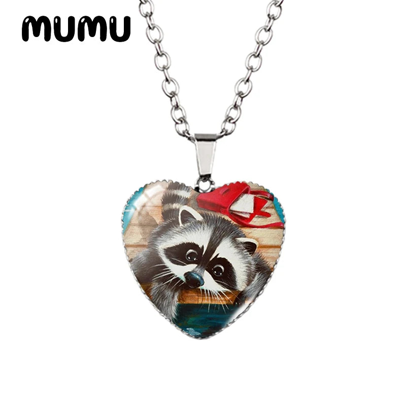2023 New Raccoon Heart Necklace Cute Animal Painting Glass Printed Photo Pendant Handmade Jewelry Gifts Children