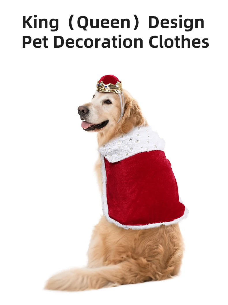 Dog King/Queen Dress Up Cloak with Crown Halloween Pet Costume for Small Large Dogs Adjustable Luxury Velour Dog Cosplay Outfit