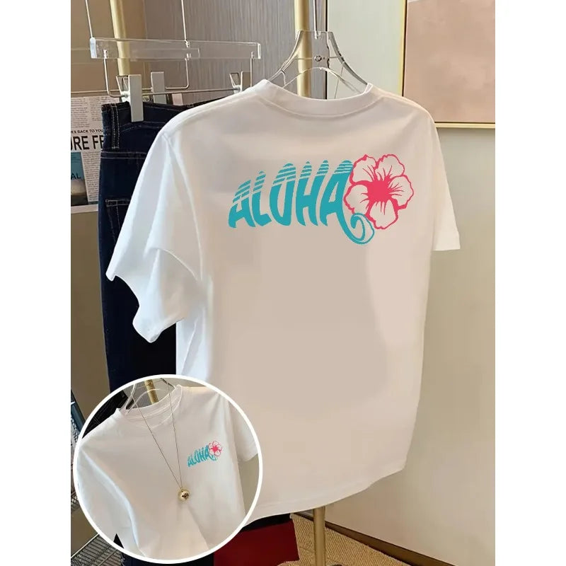 Ladies' Aloha Print T-shirt in Hawaii Black with Turquoise Letters and Red Floral Accents Tropical Vacation Style Round Neck Top