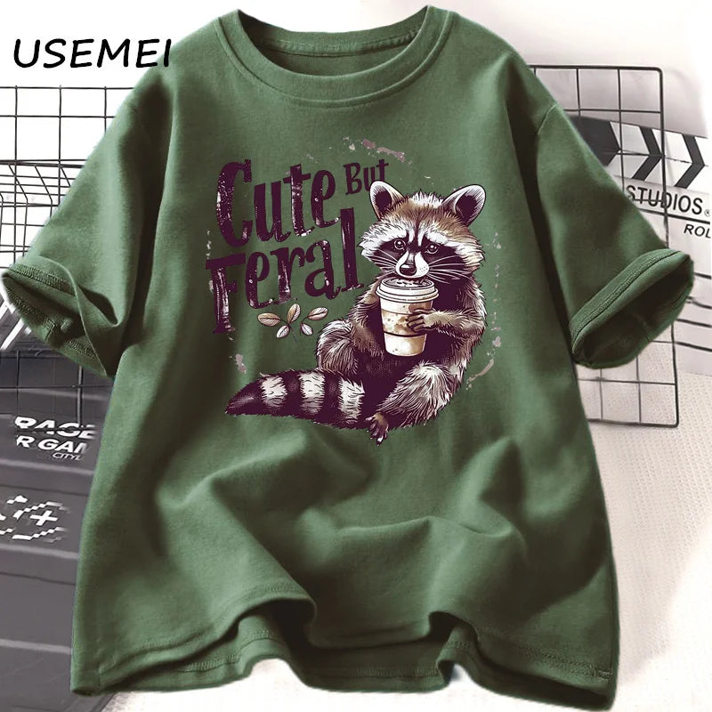 Funny Racoon Cute but Feral t Shirt women funny Opossum tee Retro Animal Meme t-shirt cotton short sleeve clothing female tees