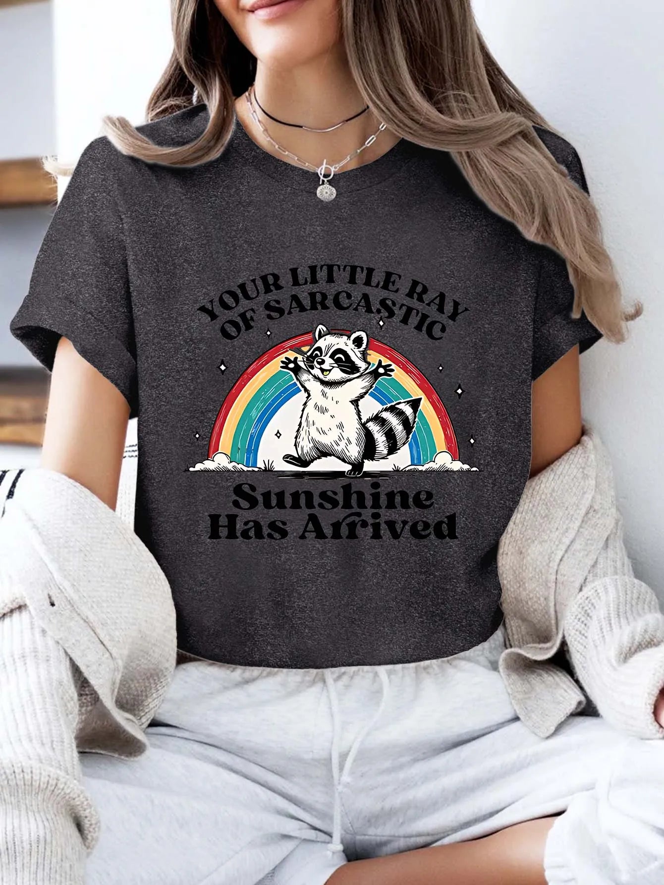 Plus - Size Humorous Raccoon & Rainbow Graphic Tee, Short - Sleeve