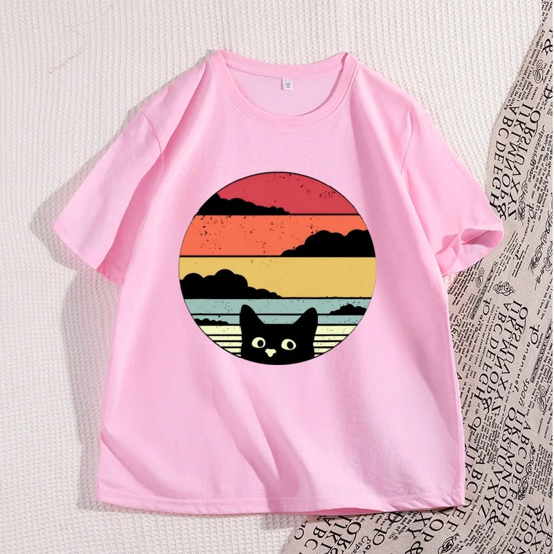 Black Cat Sunset Vintage T Shirt