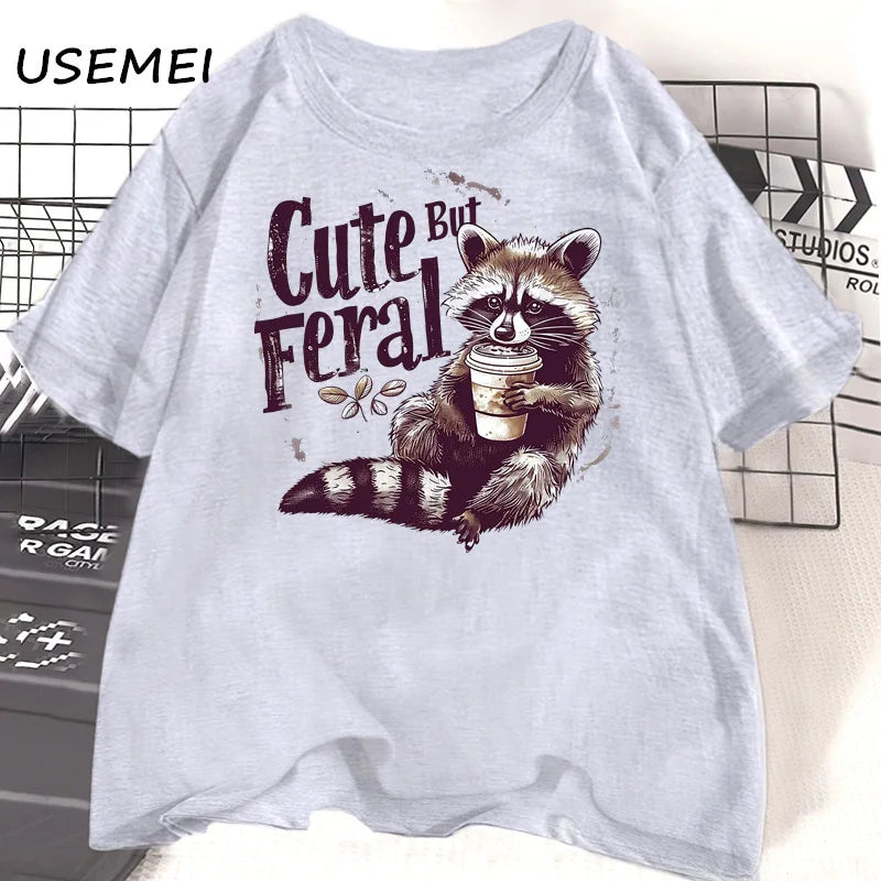 Funny Racoon Cute but Feral t Shirt women funny Opossum tee Retro Animal Meme t-shirt cotton short sleeve clothing female tees
