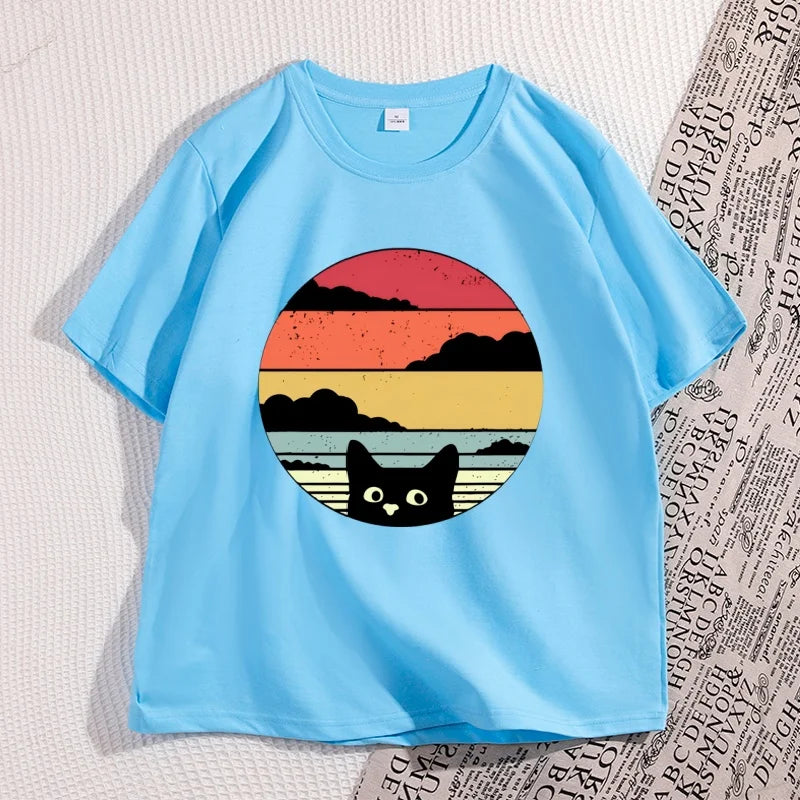 Black Cat Sunset Vintage T Shirt
