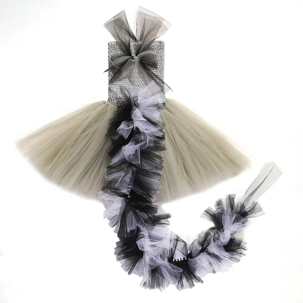 Grey Raccoon Costume Kids Racoon Tutu Dress with Tail Toddler Girls Halloween Birthday Carnival Party Animal Dress Up Clothes