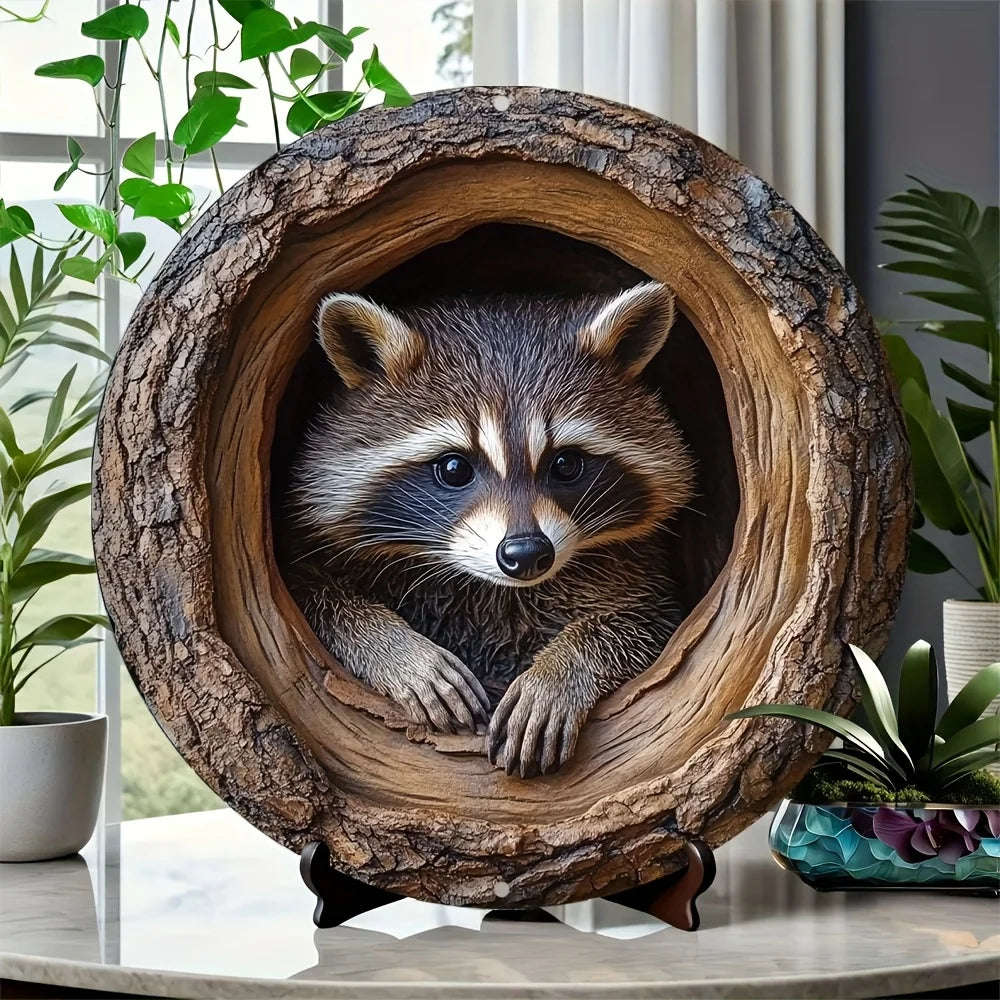 Raccoon in Tree Hole Aluminum Sign - Multifunctional Wall Decor, Waterproof Durable Metal Plaque for Home, Room Decor