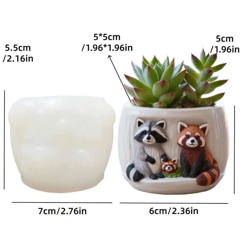 Raccoon Family Succulents Flower Pot Silicone Mold Red Panda Family Relief Resin Plaster Flower Pot Mold