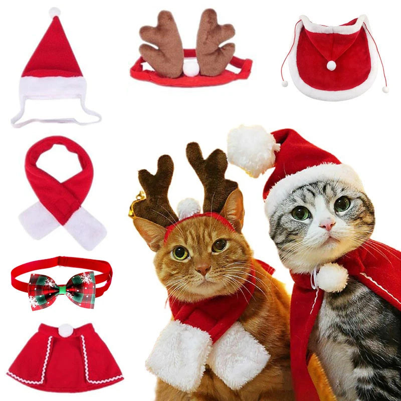 Festive Cat Dog Santa Hat & Scarf Christmas Outfit - Small Dog Holiday Apparel