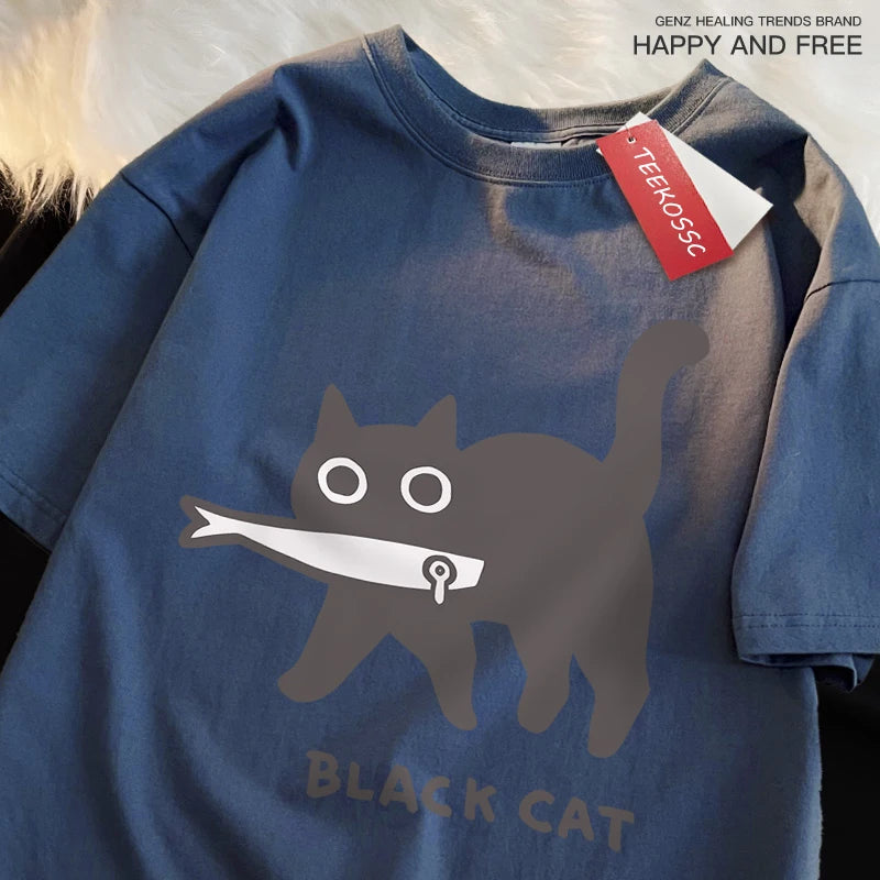 Fun A Black Cat Eating Fish Japanese Style T-Shirt
