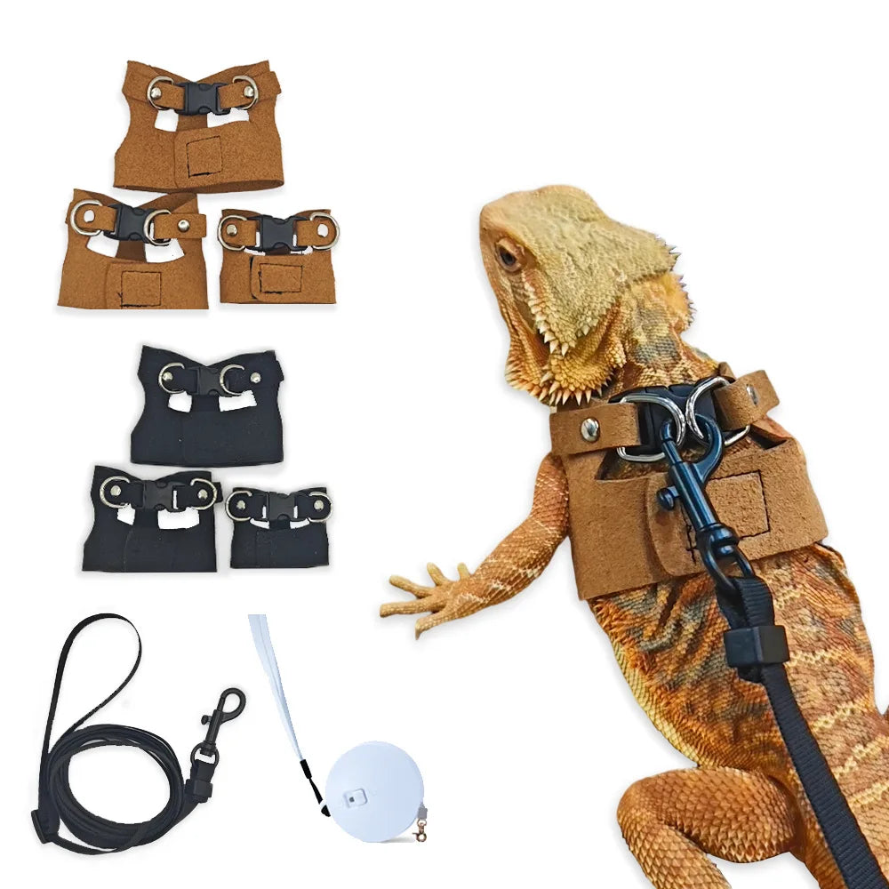 Bearded Dragon Harness and Leash Set, 3 Size Adjustable Soft Leather Reptile Leash, Lizard Harness with Retractable