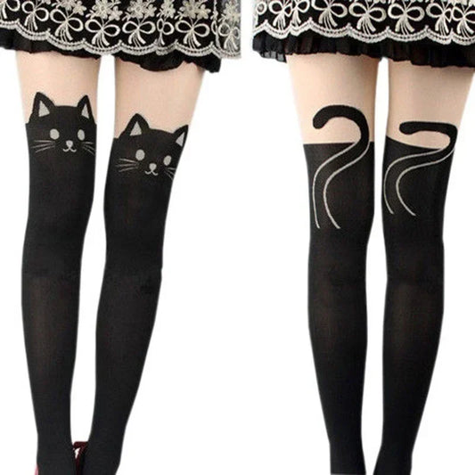 Black Cat Printed Silk Knee Socks