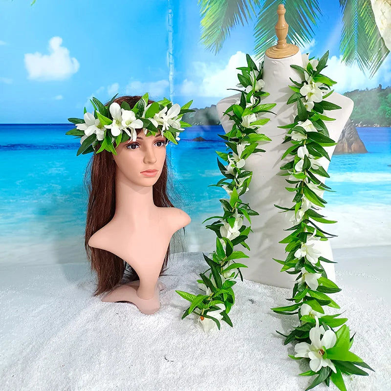 Popular Hawaii Maile Lei Double Ti Leaf With Strand of Purple White Orchids 2025 Graduation Wedding Luau Birthday Celebration
