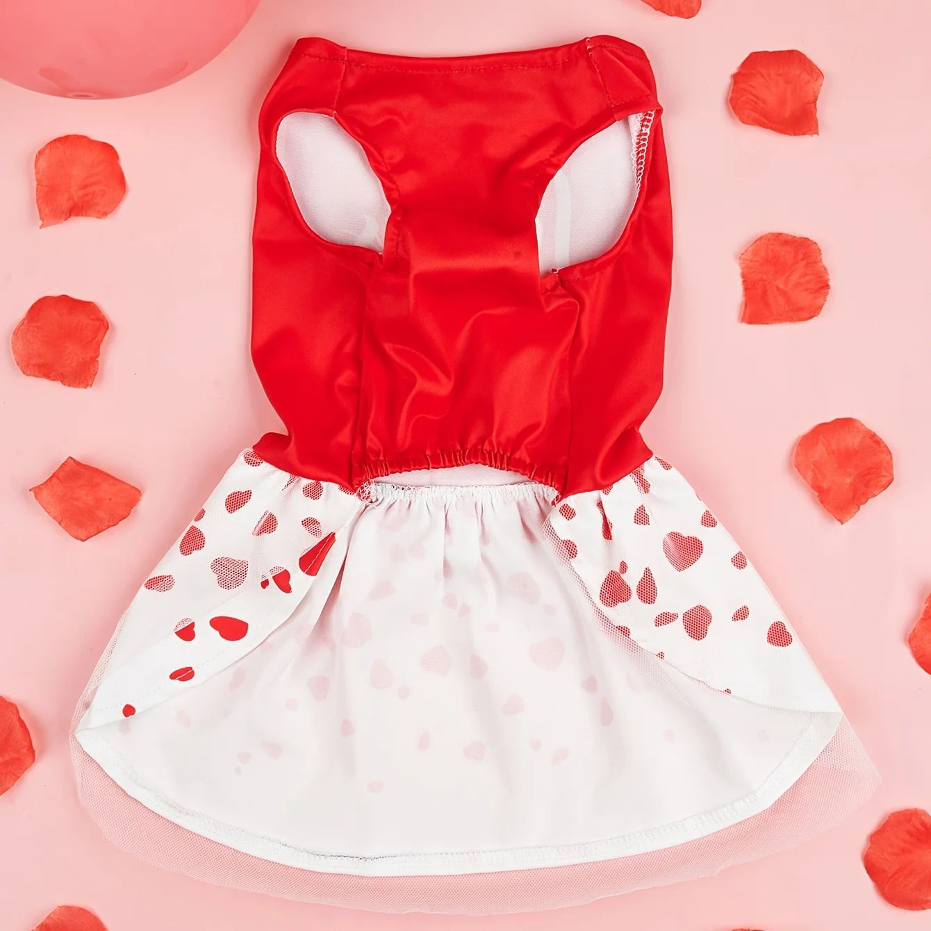 Valentine's Day Pet Dress, Red Top “Loads of Love”, Cute Puppy Skirt with Heart Prints, Bow - tied Doggie Outfit Clothes Apparel