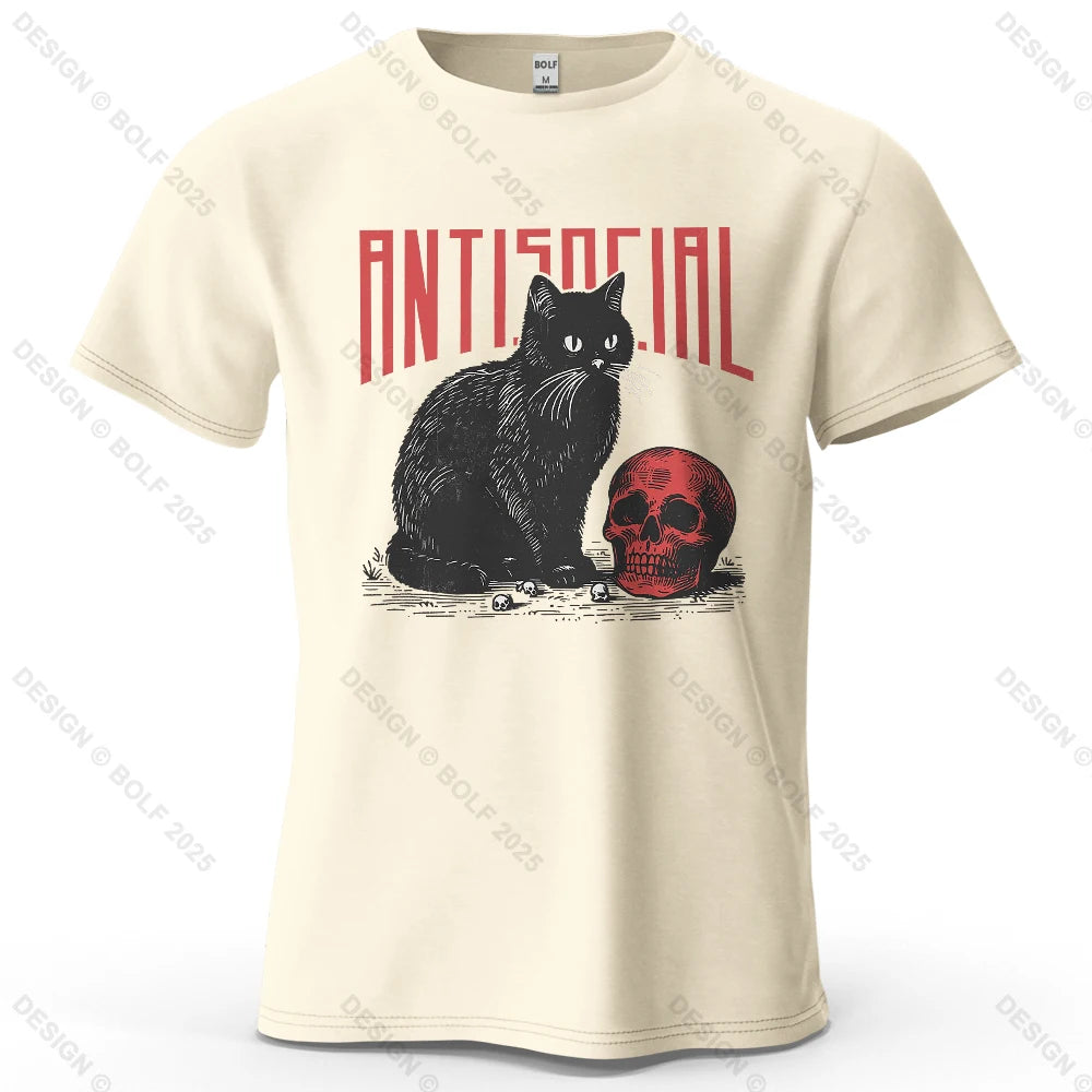 Black Cat Skull Printed T-Shirt