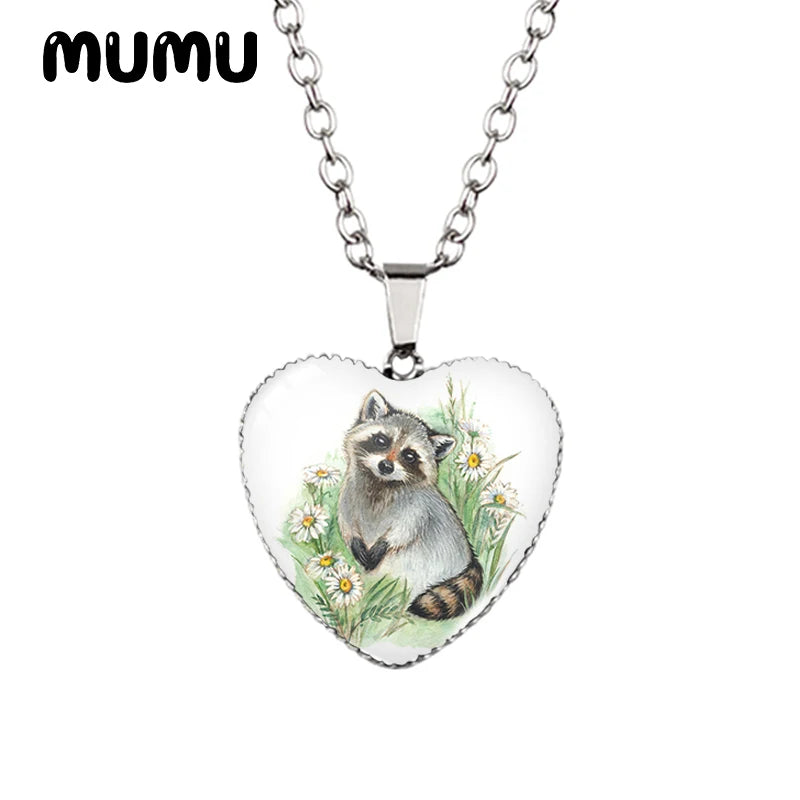 2023 New Raccoon Heart Necklace Cute Animal Painting Glass Printed Photo Pendant Handmade Jewelry Gifts Children
