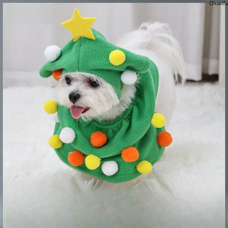 Christmas Pet Costume, Dog Cat Xmas Tree Outfit, Adjustable Warm Puppy Kitten Clothes, Hooded Pet Suit, Funny Festive Pet Dress