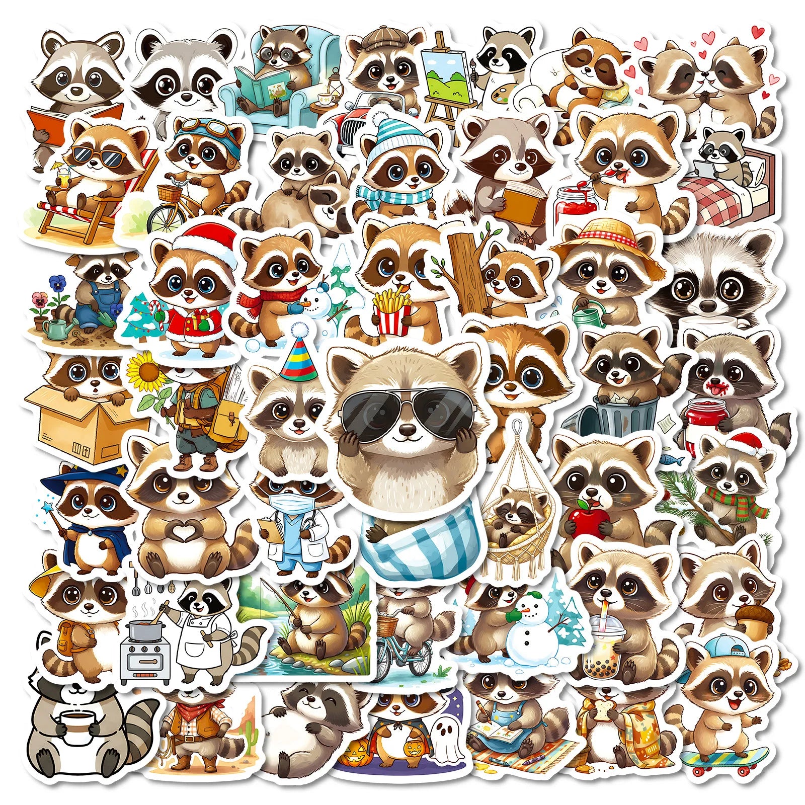 56PCS Cute Little Raccoon Graffiti Sticker Cartoon Animal Funny Meme Decal Kids Toy for Water Cup Stationery Box Luggage
