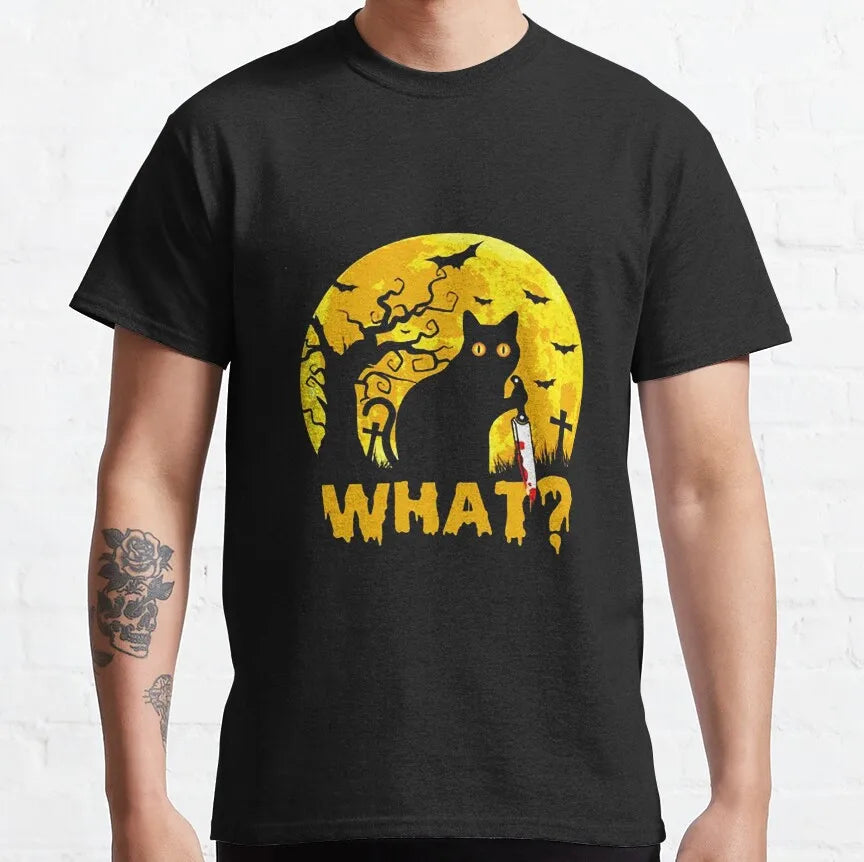 Cat What Murderous Black Cat With Knife T-Shirts for Men Kitten Lovers Cotton Big Tall Tees Short Sleeve T Shirt Big Size 6XL