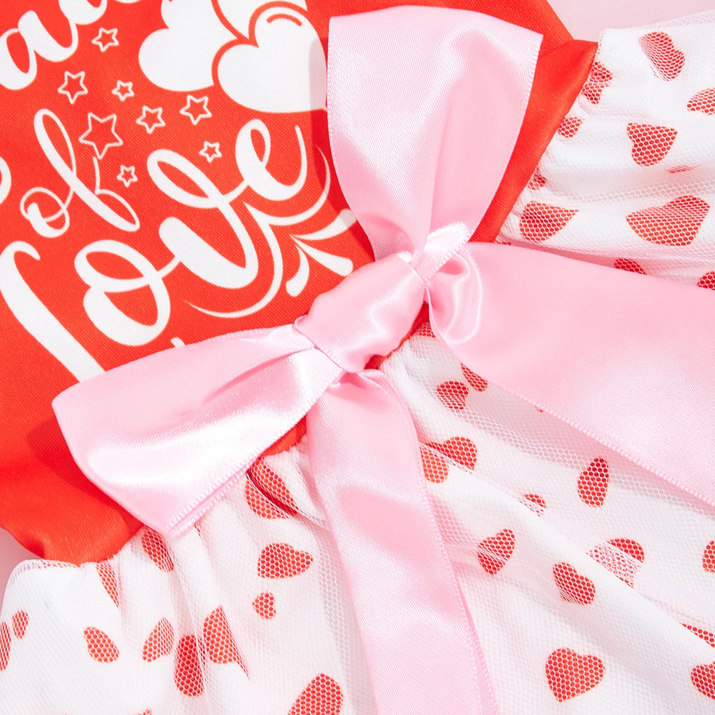 Valentine's Day Pet Dress, Red Top “Loads of Love”, Cute Puppy Skirt with Heart Prints, Bow - tied Doggie Outfit Clothes Apparel