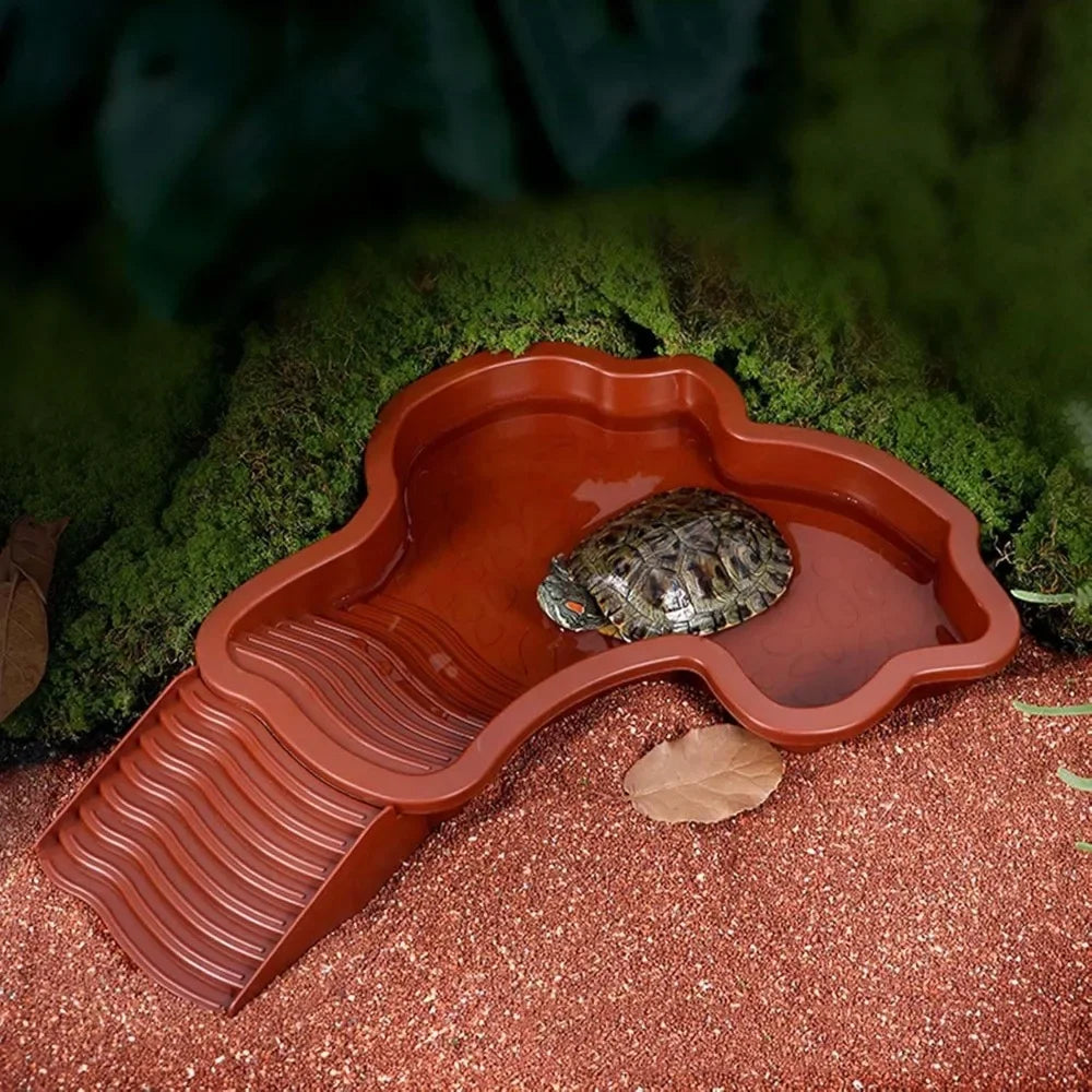 Turtles Bathing Pool Water Bowl with Slip Proof 35x28.50cm Friendly Habitat with Steps for Reptiles Resting and Soaking
