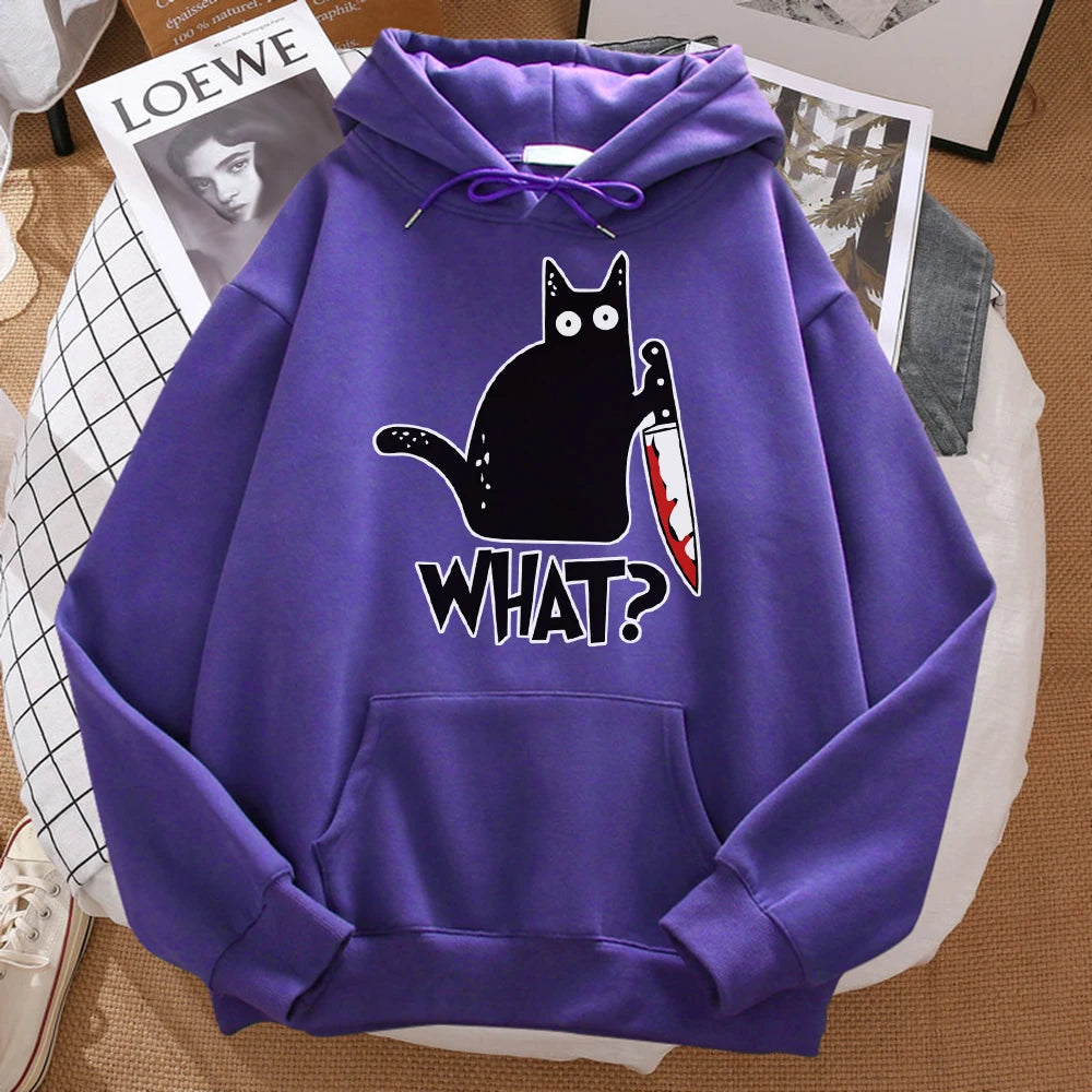 What cute little black cat holding a knife, men's hoodies, street hoodies, autumn sports shirts, hip-hop costumes