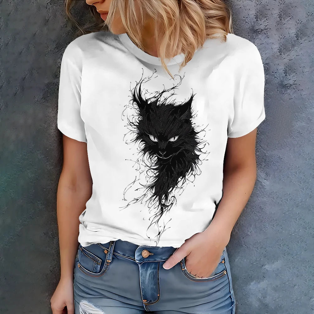 Black Cat Print T-Shirt