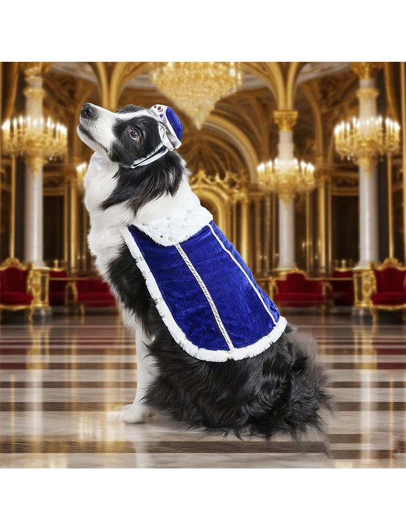 Dog King/Queen Dress Up Cloak with Crown Halloween Pet Costume for Small Large Dogs Adjustable Luxury Velour Dog Cosplay Outfit