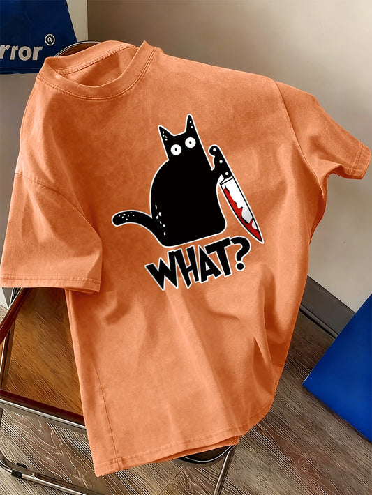Black Cat Holding A Knife Prints Washed T-Shirt