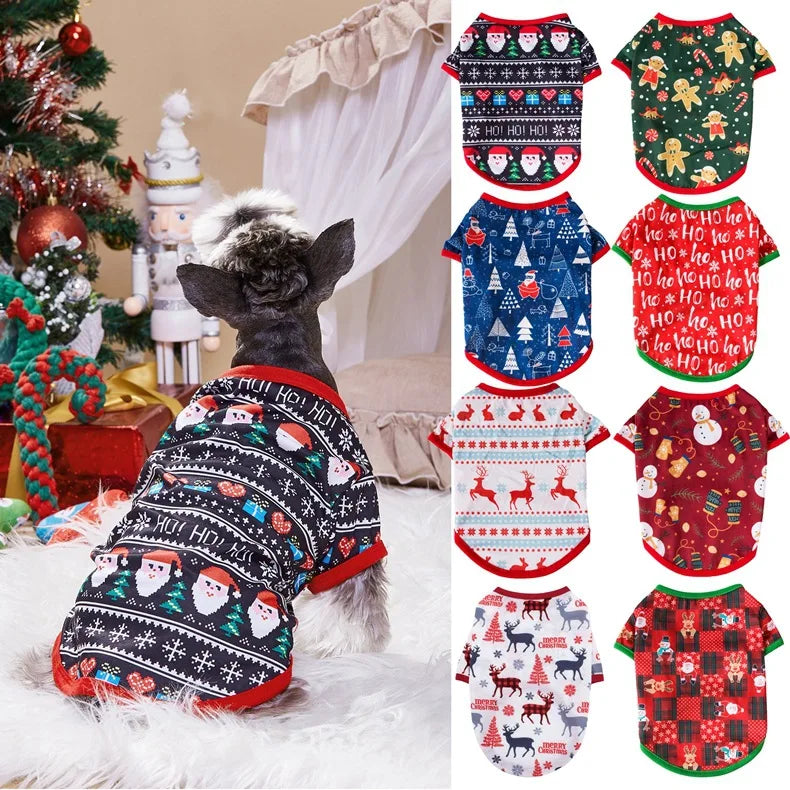 Christmas Dog Cat T-Shirt Cute Holiday Print Pet Clothes for Small Dogs, Teddy, Cats - Festive Xmas Apparel Supplies Dog Hoodies