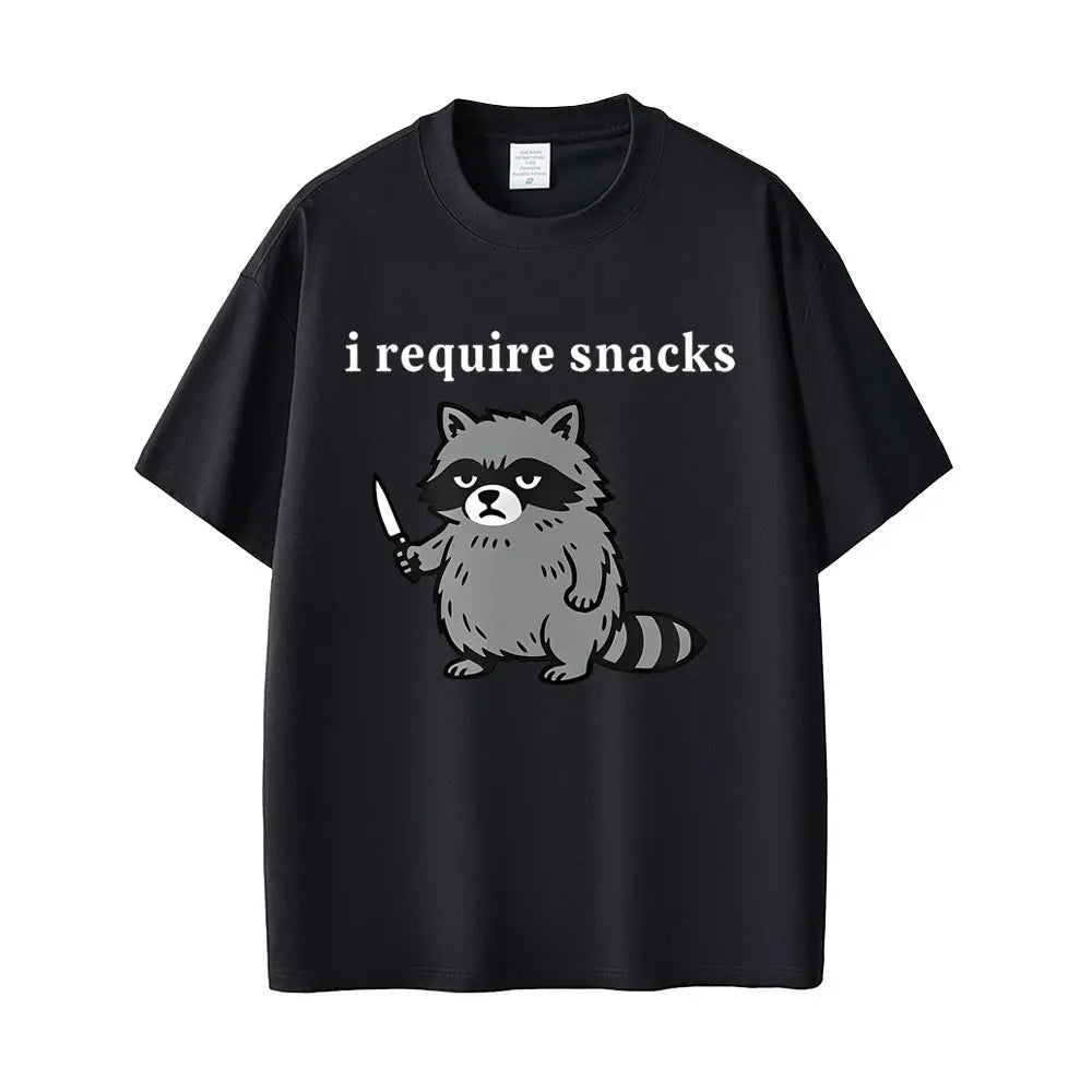 I Require Snacks Raccoon Funny Meme T-shirt Men Women Casual Humor Style T Shirts Men's 100 Cotton Vintage T-shirts Streetwear