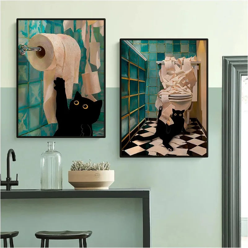 Colourful Funny Black Cat in Bathroom Poster