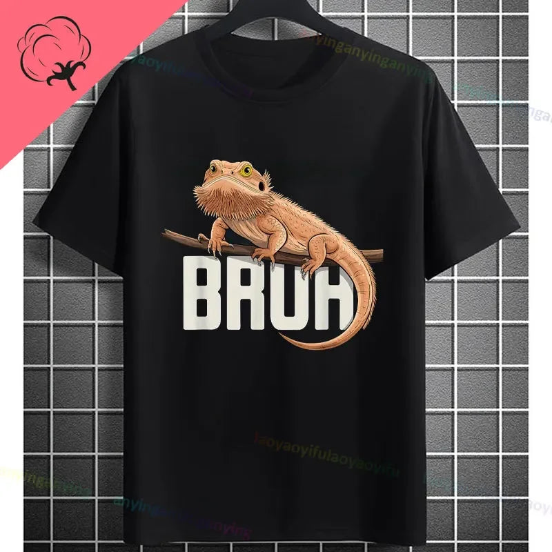 Men's "Bruh" Bearded Dragon Graphic T-Shirt Pure Cotton Short-sleeve Humor Style Tee Perfect Gift for Reptile Lovers