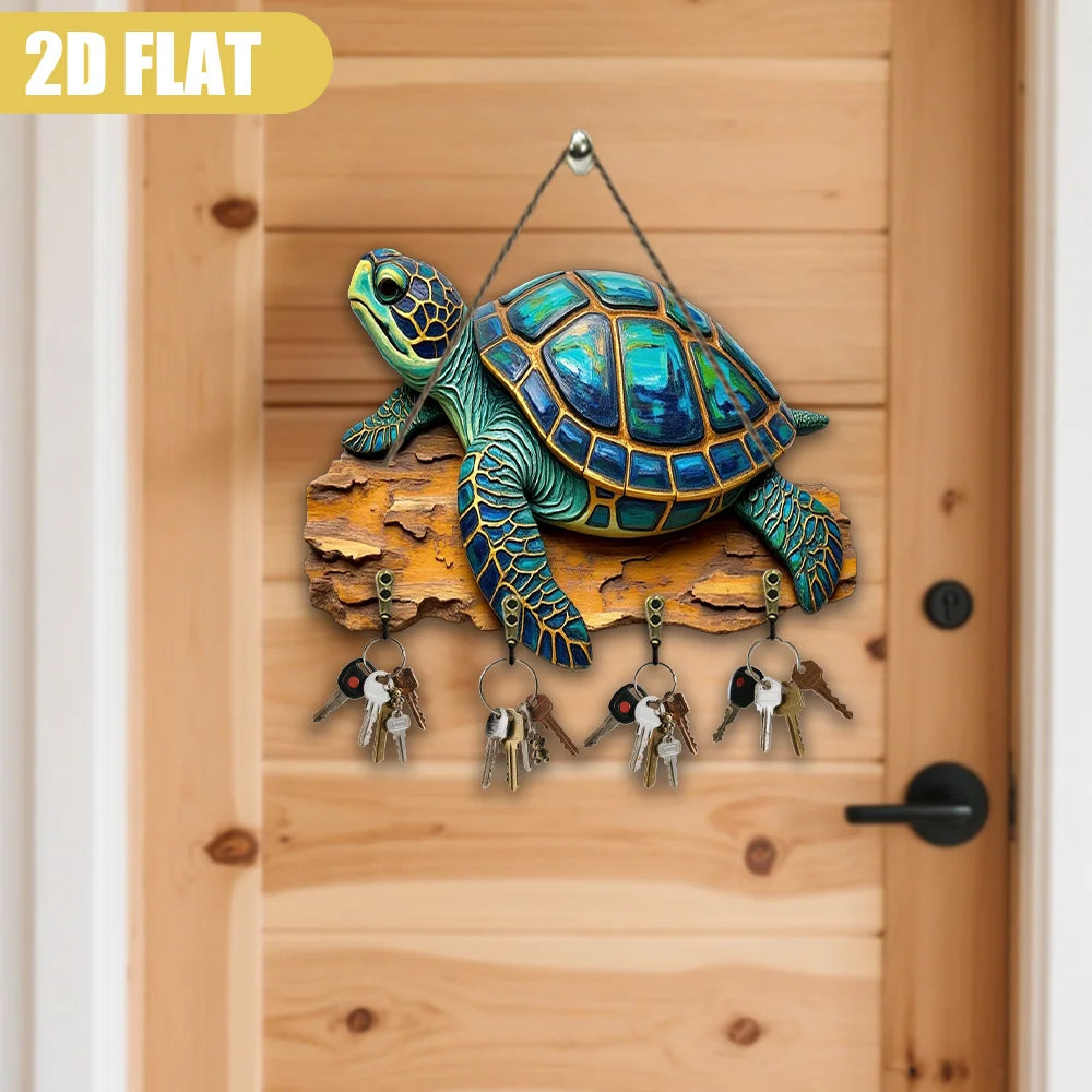 2D Flat, Oceanic Beauty Sea Turtle Wall Art Sculpture - Rustic Wooden Key Hanger with 4 Hooks, 9.06x11.81inch, Multifunctional