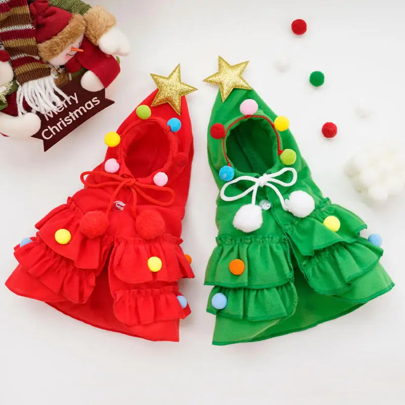 2025 Christmas Cat Dog Winter Warm Cloak Christmas Tree Shape Red Green Party Outfit For Puppy Kitten Transformation Apparel