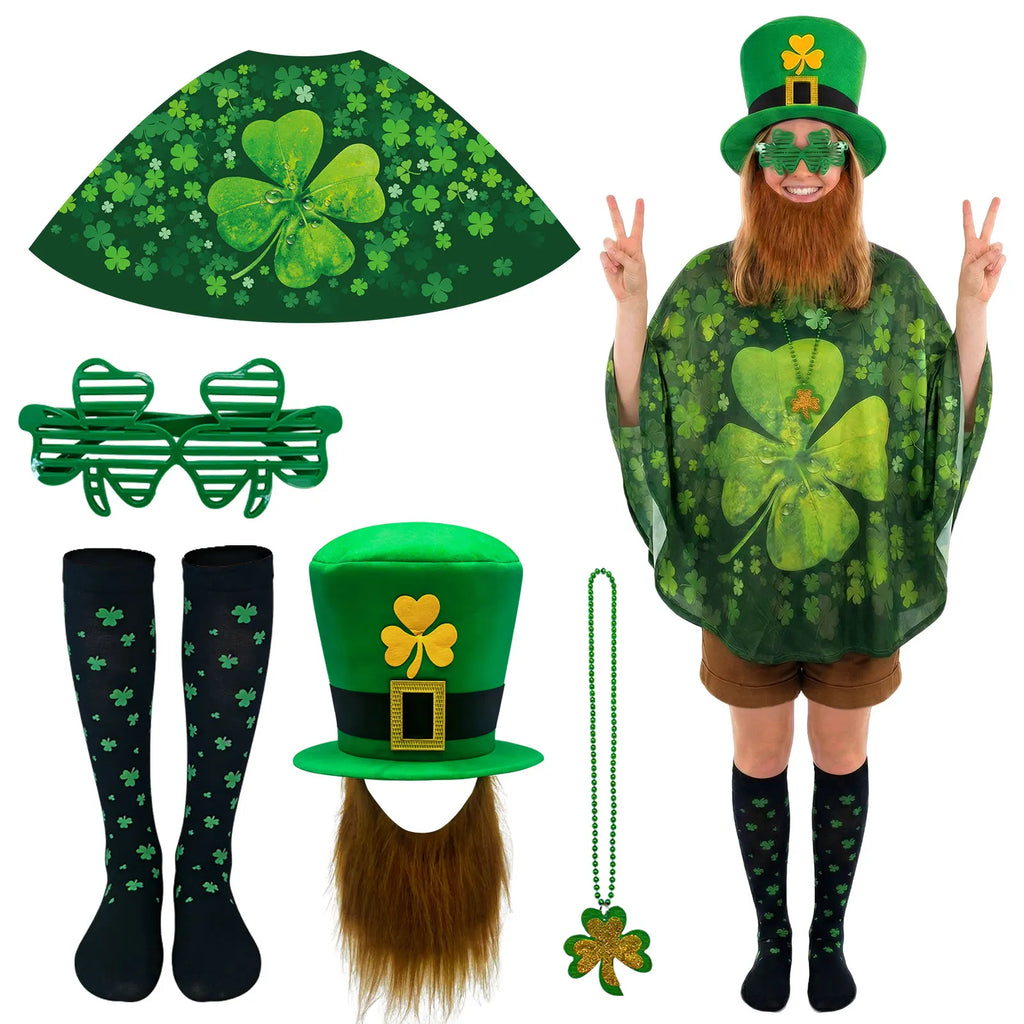 St Patrick's Day Costume Set 5 Pieces with glasses cloak Socks necklaces Shamrock Hat Irish Faux Mustache Sets Home Party Decor