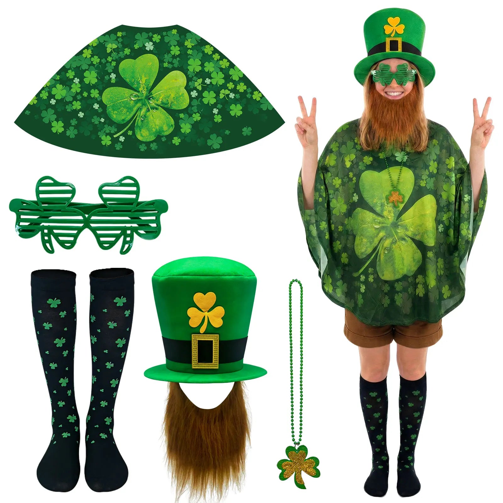 St Patrick's Day Costume Set 5 Pieces with glasses cloak Socks necklaces Shamrock Hat Irish Faux Mustache Sets Home Party Decor