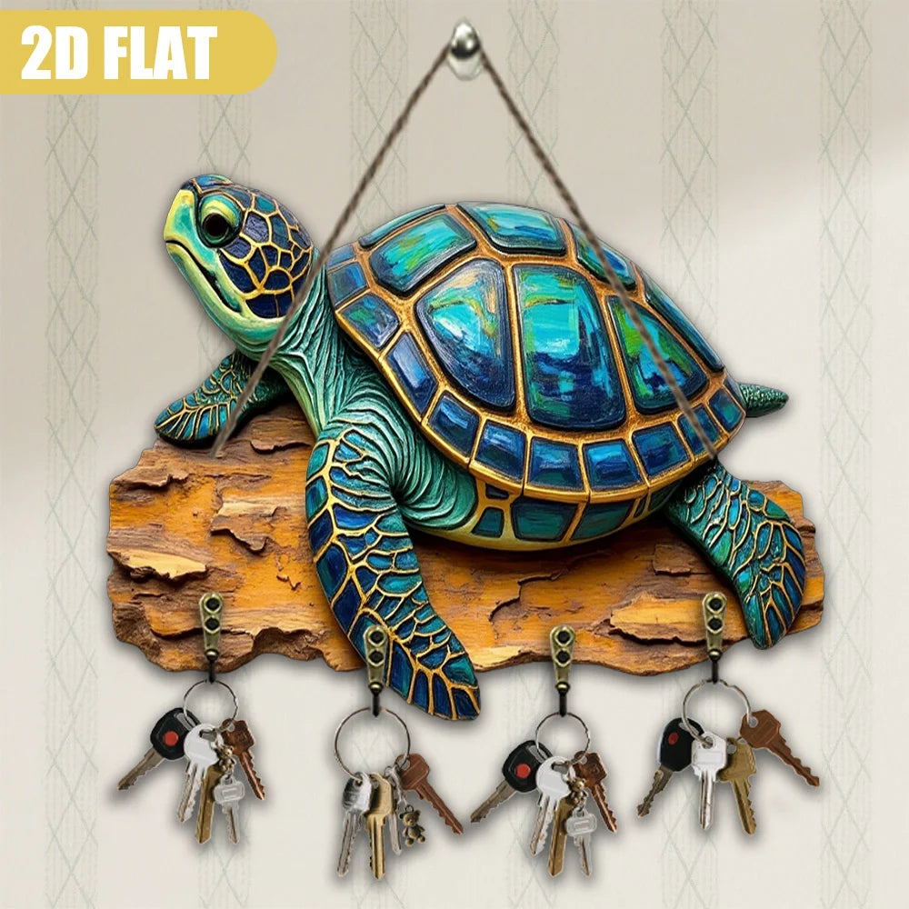 2D Flat, Oceanic Beauty Sea Turtle Wall Art Sculpture - Rustic Wooden Key Hanger with 4 Hooks, 9.06x11.81inch, Multifunctional