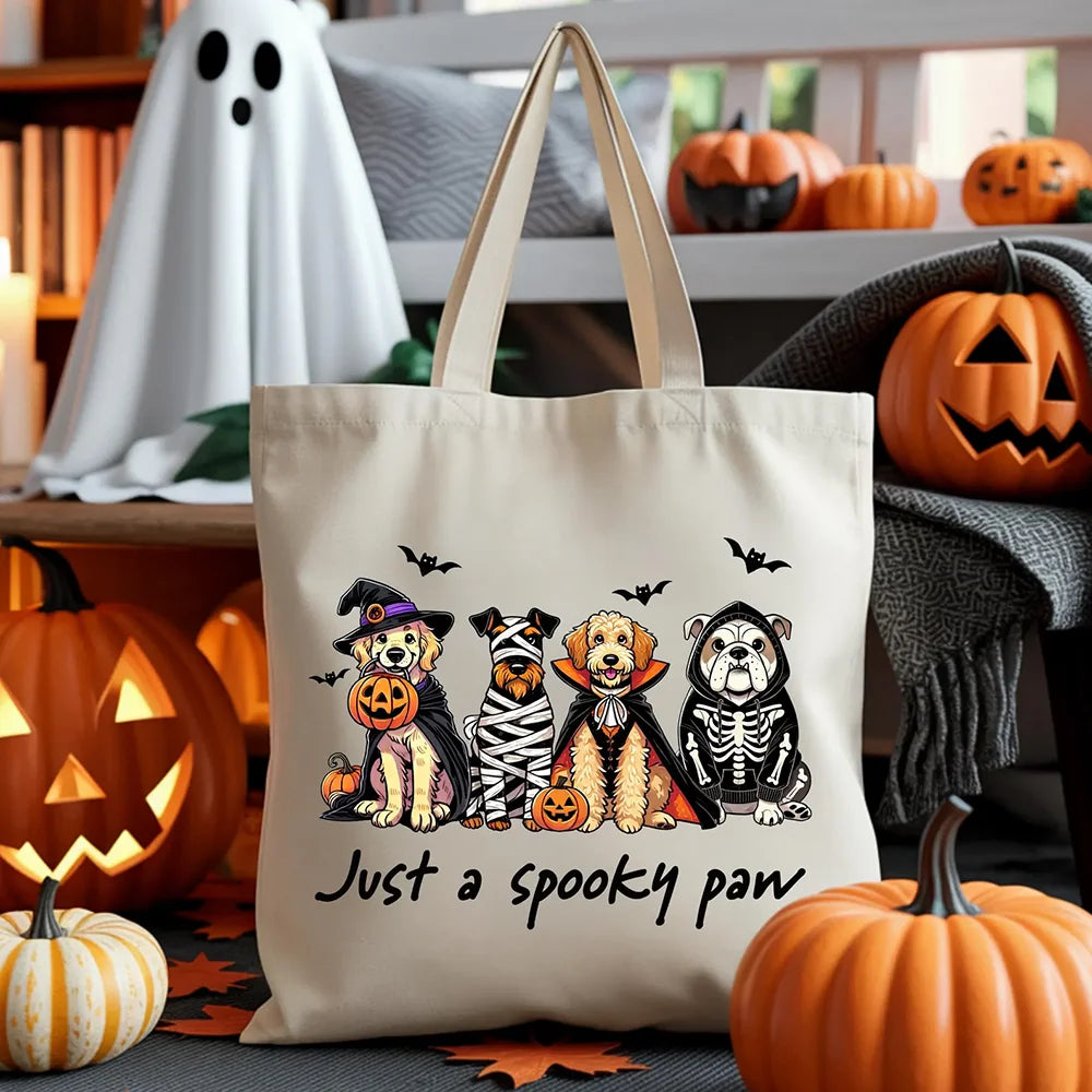 Halloween Dog Tote Bag Just A Spooky Paw Canvas Bag Cute Birthday Gift Festival Party Decoration Trick or Treat Dog Lover Favors