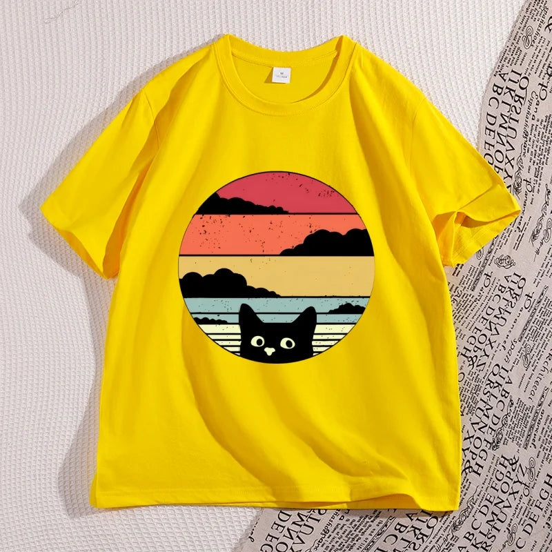 Black Cat Sunset Vintage T Shirt
