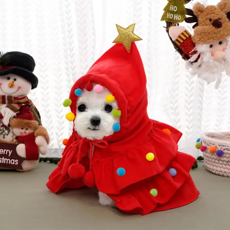 2025 Christmas Cat Dog Winter Warm Cloak Christmas Tree Shape Red Green Party Outfit For Puppy Kitten Transformation Apparel