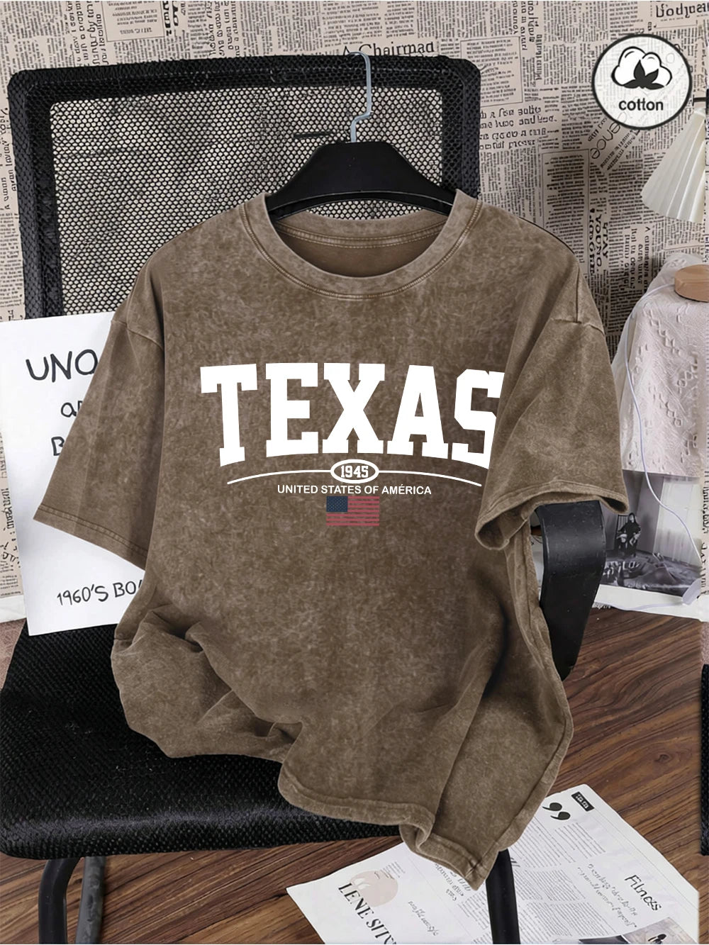 Texas Usa City Letter 1945 Prints Washed T-Shirts Mens Oversized Cotton T Shirt Summer O-Neck Short Sleeve Tops Casual Male Tees
