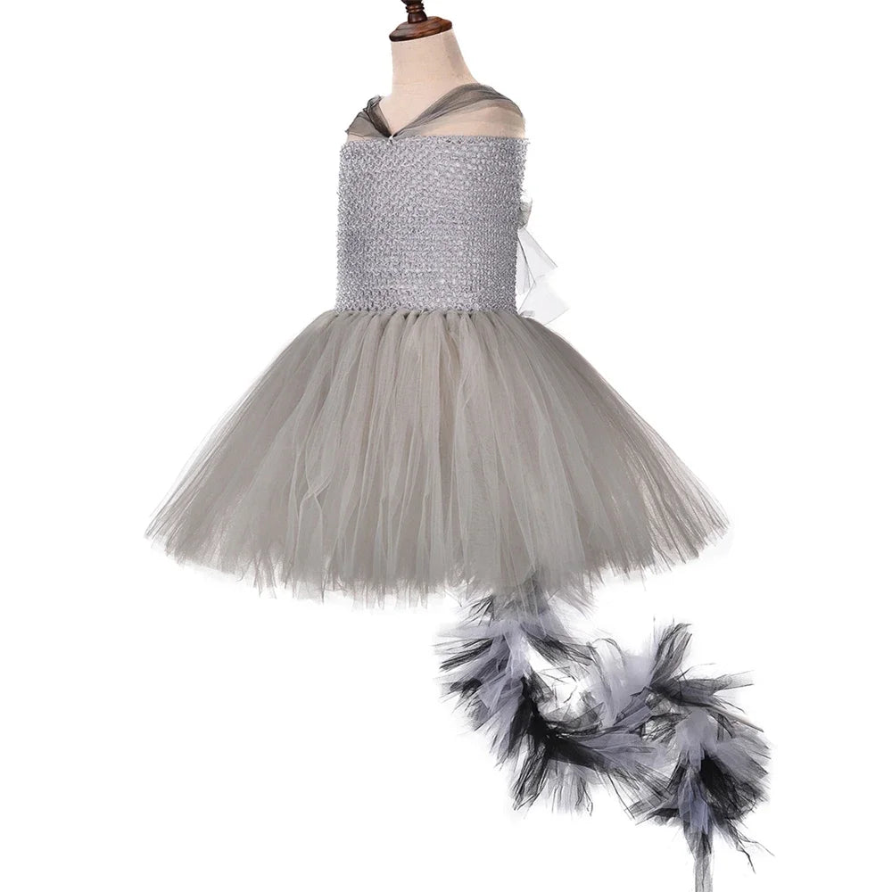 Grey Raccoon Costume Kids Racoon Tutu Dress with Tail Toddler Girls Halloween Birthday Carnival Party Animal Dress Up Clothes